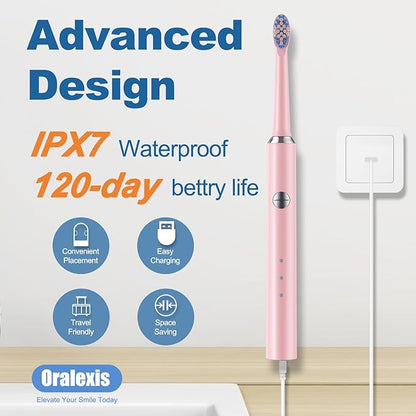 Electric Toothbrush for Adults and Kids, with Tongue Scraper and 8 Brush Heads, One Fast Charge Last 120 Days, 40000 VPM Deep Clean, Sonic Travel Toothbrush - Pink