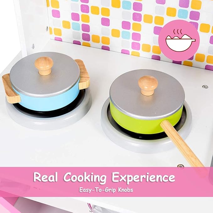 ARLIME Kids Kitchen Playset, Wooden Toy Kitchen w/ Removable Sink, Microwave, Cookware, Large Storage Cabinet, Pretend Play Kitchen for Boys Girls (Pink)
