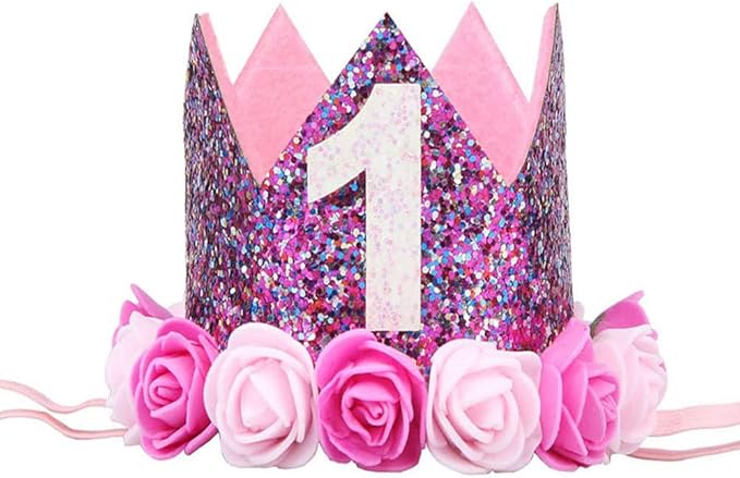 Baby's Rose Flowers Gold Sequins Birthday Crown Headband for Birthday