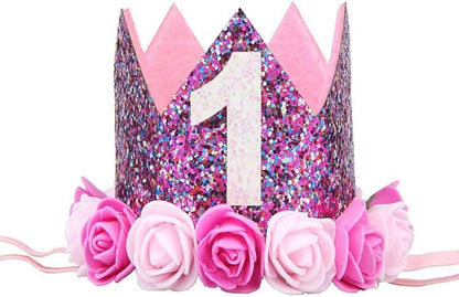 Baby's Rose Flowers Gold Sequins Birthday Crown Headband for Birthday
