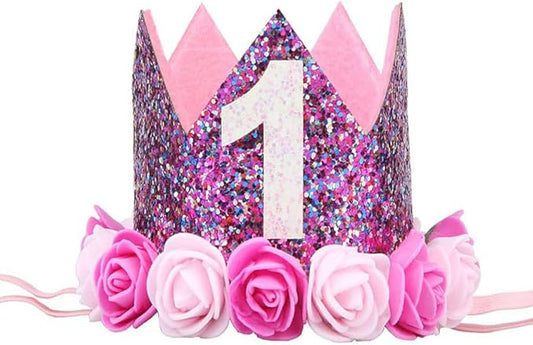 Baby's Rose Flowers Gold Sequins Birthday Crown Headband for Birthday