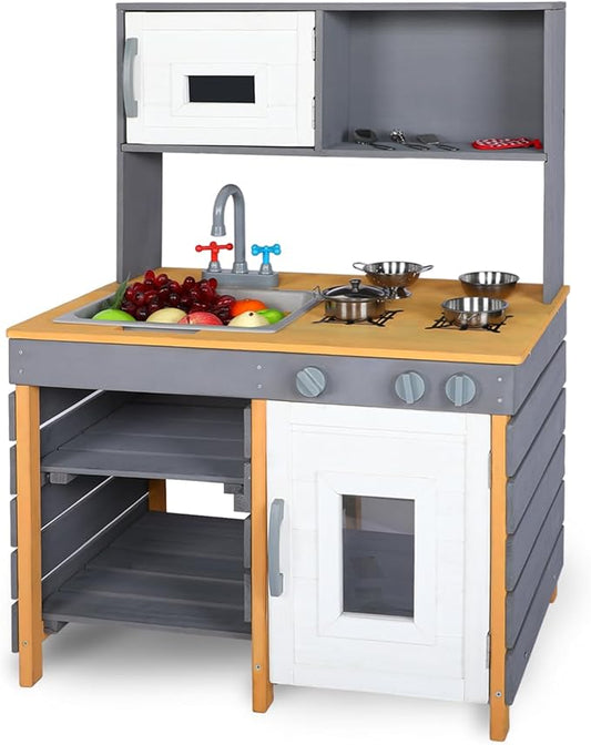 Wooden Mud Kitchen, Outdoor Play Kitchen with Removable Sink,Water Box & Faucet,Stove Top, Storage Bags& Metal Basket,Kitchen Backyard Outdoor Pretend Kitchen for Kids