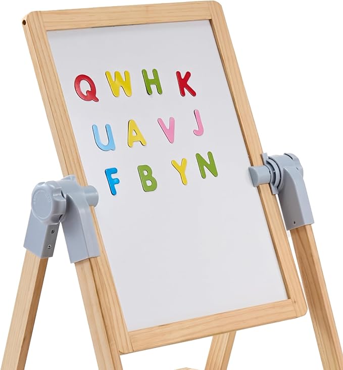 VEVOR Art Easel for Kids, 2-in-1 Wooden Double-Sided Kid's Art Easel with Magnetic Whiteboard & Chalkboard, Adjustable Standing Rotatable Foldable Drawing Board with Painting Accessories for Boy Girl