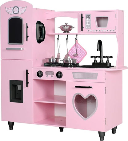 TaoHFE Play Kitchen, Pink Kids Kitchen Set for Girls Kitchen Set for Kids Ages 6-8 Gift Toddler Kitchen Set for Kids Age 3+ Kids Kitchen Playset with Lights & Sounds Wooden Toy Kitchen Playset Gift