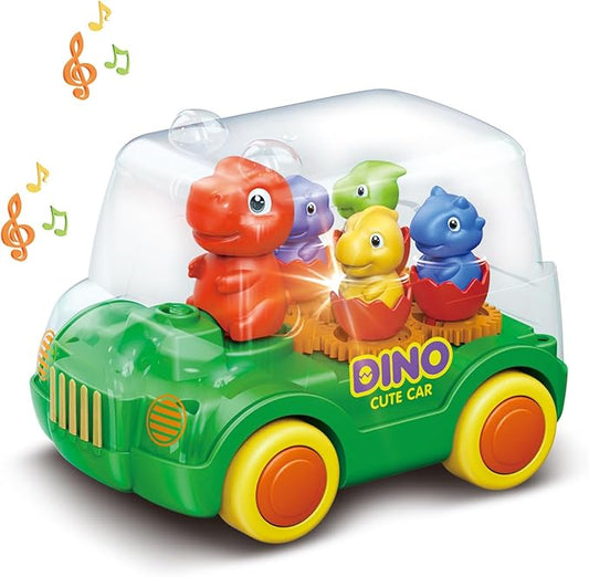 Dinosaur Bus Cars (Green)，Light Up Toy Toddler Trucks，Automatic Bump & Go Clear with Color Moving Gears, Music 1-3 2-4