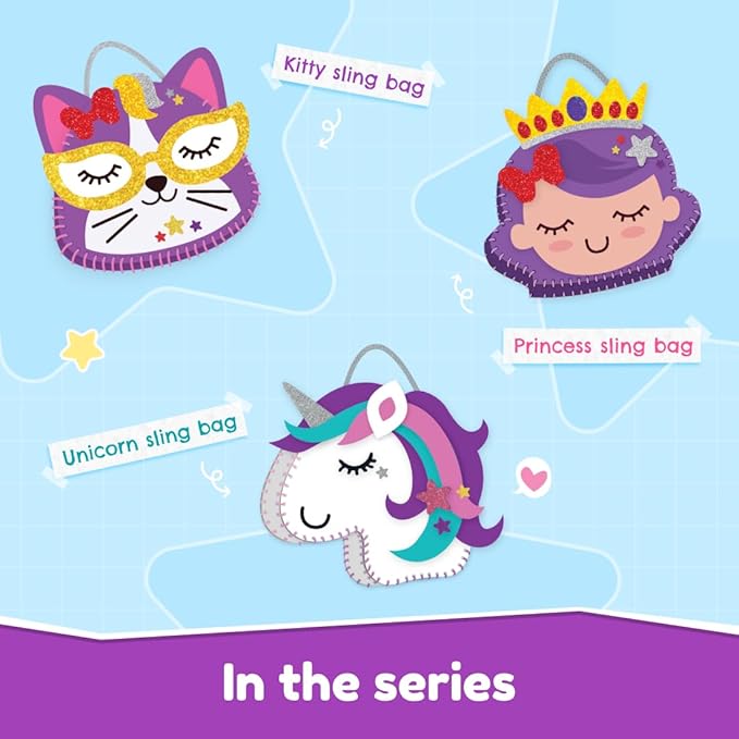 Bloomingo Art & Craft Kit - Kitty Sling Bag: Fun Mess Free Arts & Craft Kit for Kids; Design Your Own Cute DIY Craft Bag; Birthday Gift for Girls and Boys of Multicolor