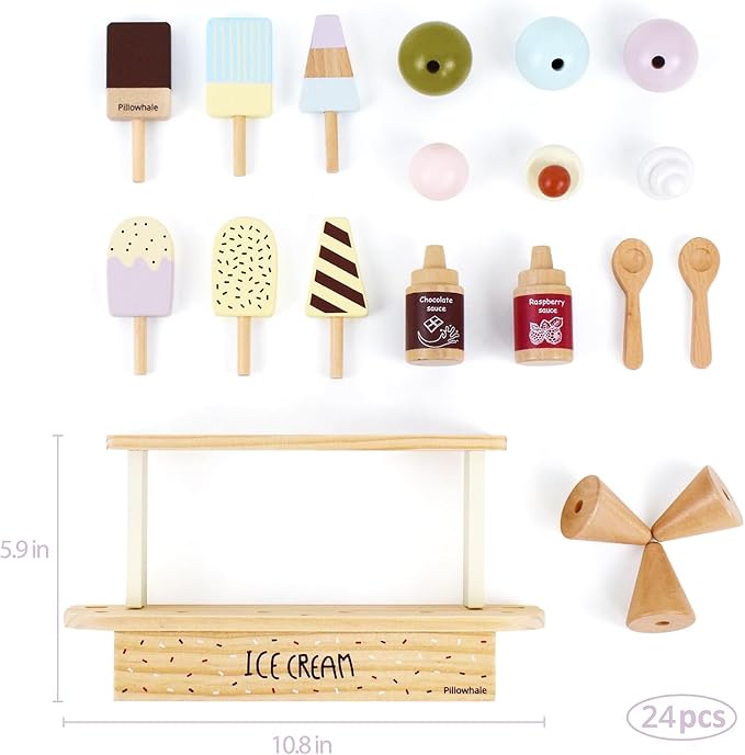 Wooden Ice Cream Toy,Pretend Play Food Toys,Play Ice Cream Counter Set for Kids,Play Kitchen Accessories for Toddlers Girls Boys Ages 3+