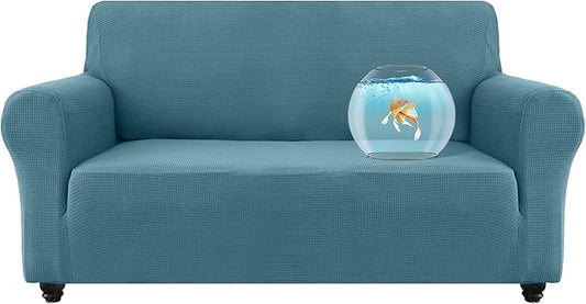 100% Waterproof Jacquard Fabric Couch Cover, Dual Layer with TPU Film, Leakproof High Elasticity Non-Slip Washable Furniture Protector for Pets, Dogs, Cats and Kids (Loveseat,Dusty Blue)