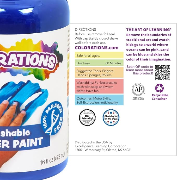 Colorations CWFRE Washable Finger Paints, Red, Non-Toxic, Creamy, Vibrant, Kids Paint, Craft, Hobby, Fun, Art Supplies, Young Kids, Finger Painting, Hand Painting, 16 oz.