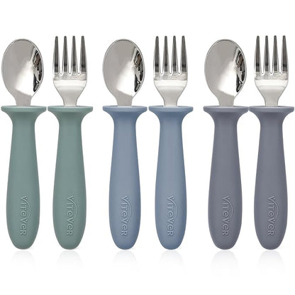 6 Pieces Toddler Utensils, Kids Safe Spoons and Forks, Children Silverware Set with Silicone Handle, 18/8 Stainless Steel, Food-grade Silicone，BPA Free - Dishwasher Safe