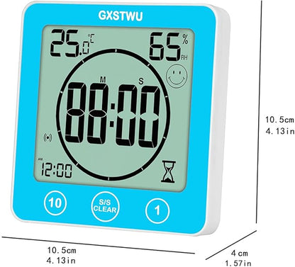 Digital Shower Clock, Bathroom Timer Clock, Waterproof for Water Spray, Count Up Count Down Alarm, Touch Screen Timer, Temperature Humidity, Wall Clock Magnet, Suction Cup, Hanging, Stand Blue