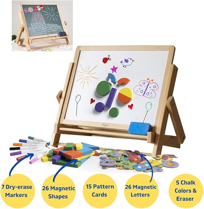 Wooden Double-Sided Tabletop Magnetic Dry Erase & Chalkboard Easel- 80 pc Activity Set for Kids Includes Magnet Letters, Shapes, Patterns, Chalk and 7 Dry Erase Markers- STEM Boys & Girls Play Center