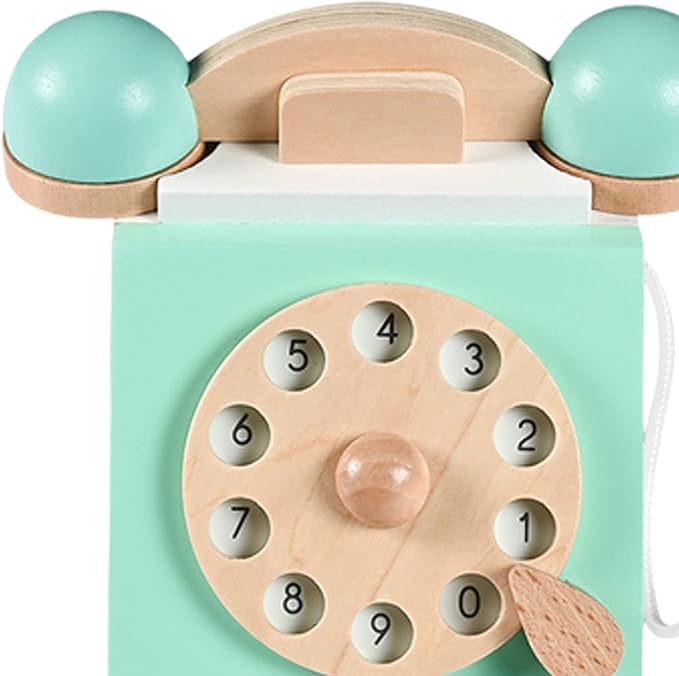 Classic Wooden Telephone, Realistic Vintage Dial Telephone Playset Pretend Play Montessori Interactive for Age 3Y and Up