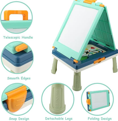 Table Art Easel for Kids, Double Sided Foldable Tabletop Drawing Easels Chalkboard Desk with Graffiti and Board Game Accessories Supplies for Boys and Girls (Blue)