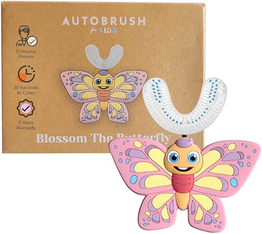 autobrush U Shaped Kids Manual Toothbrush- 360° Design for 5.1X Better Cleaning with Unique Nylon Bristles, Comfort Grip Handle, Waterproof Design, Ages 6-8, Butterfly (Double-Sided)