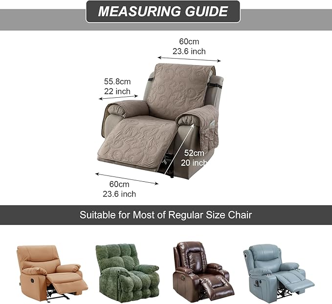 100% Waterproof Recliner Chair Cover, Recliner Chair Covers for Reclining Chair, Non-Slip Fabric Recliner Couch Cover for Living Room, for Pets Kids Protector, Washable (Taupe, 23"Recliner Chair)