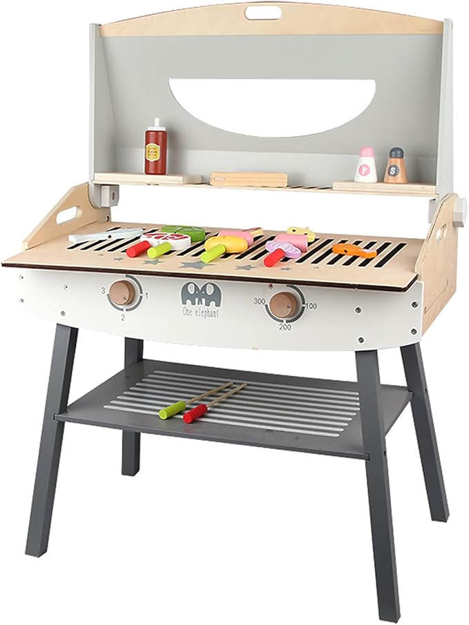 Wooden Pretend Barbecue Grill Play Set, Play Kitchen Set Cooking Gift for Girls and Boys - Best for 3 4 5 Year Old Kids