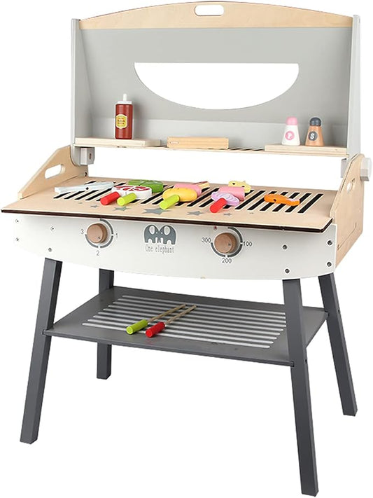 Wooden Pretend Barbecue Grill Play Set, Play Kitchen Set Cooking Gift for Girls and Boys - Best for 3 4 5 Year Old Kids