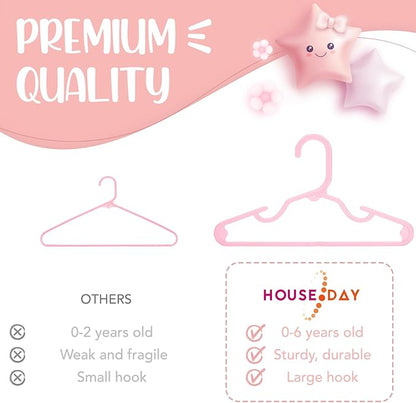 HOUSE DAY Plastic Baby Hangers for Closet 60 Pack, Durable Plastic Kids Hangers for Baby Clothes, Thin & Compact Childrens Hangers, Space Saving Pink Baby Hangers, Small Hangers for Kids Clothes