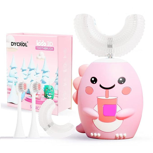 Kids U Shaped Electric Toothbrush with 4 Brush Heads, Sonic Toothbrush Kids with 5 Modes, Cartoon Dinosaur 360-Degree Cleaning IPX7 Waterproof Design (6-12 Age (Pink))