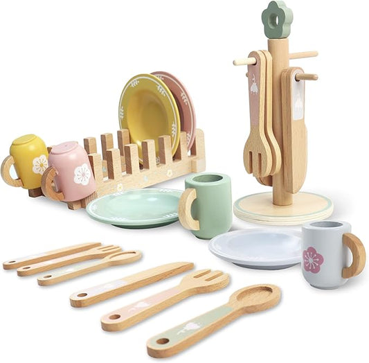 Wooden Play Kitchen Accessories, Play Plates and Cups for Kids Kitchen, Play Dishes for Kids Kitchen, Play Pots and Pans for Toddlers Boys and Girls 3 4 5 6