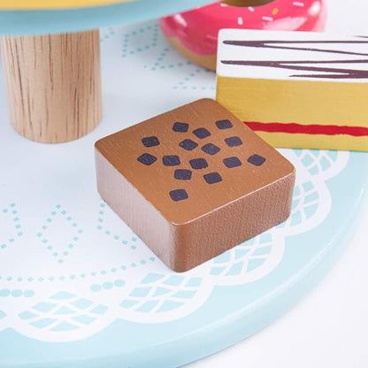 Bigjigs Toys Wooden Cake Stand with 9 Wooden Play Food Cakes - Quality Toy Food for Toddlers & Children, Perfect Kids Wooden Kitchen Accessories for Afternoon Tea Parties