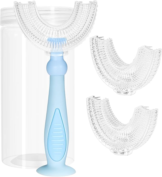 U Shaped Toothbrush Kids,Children Tooth Brush with Replaceable Soft Food Grade Silicone Heads 3 PCS, Whole Mouth Teeth Cleaning for Age 6-12 Years Blue