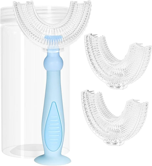 U Shaped Toothbrush Kids,Children Tooth Brush with Replaceable Soft Food Grade Silicone Heads 3 PCS, Whole Mouth Teeth Cleaning for Age 6-12 Years Blue