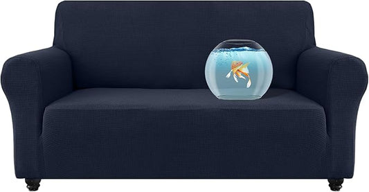 100% Waterproof Jacquard Fabric Couch Cover, Dual Layer with TPU Film, Leakproof High Elasticity Non-Slip Washable Furniture Protector for Pets, Dogs, Cats and Kids (Loveseat,Navy Blue)
