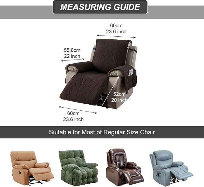 100% Waterproof Recliner Chair Cover, Recliner Chair Covers for Reclining Chair, Non-Slip Fabric Recliner Couch Cover for Living Room, for Pets Kids Protector, Washable (Chocolate, 23"Recliner Chair)