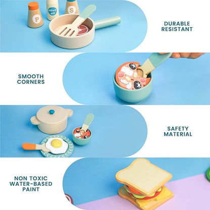 Wooden Play Cooking Set, 36pcs Kitchen Set for Toddlers, Play Food Sets for Kids Kitchen, Wood Play Kitchen Accessories with Fake Food,Pot & Pan,Utensils,Gifts for 3 4 5 Years Old Girls Boys