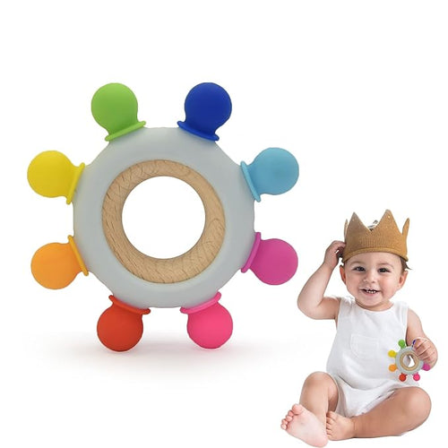 Baby Teething Toys-Silicone Boat Rudder Baby Teether Toys,Removable Wooden Ring 0-24 Months (Rainbow,8 Directions)