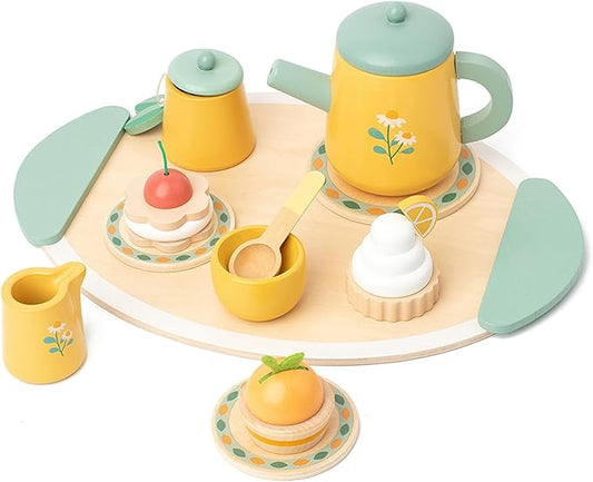 Wooden Tea Party Set for Little Girls Toys, Pretend Play Kids Tea Set for Toddlers Wood Toys, Wooden Play Food Kitchen Accessories Sets for Kid (Royal Tea)