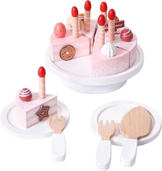 Wooden Birthday Cake Toys, DIY Pretend Play Food for Kids, Tea Party Fake Cake with Candles Plates Fork and Knife for Toddlers Ages 3 4 5 6 7 Years Old Boys Girls Gifts