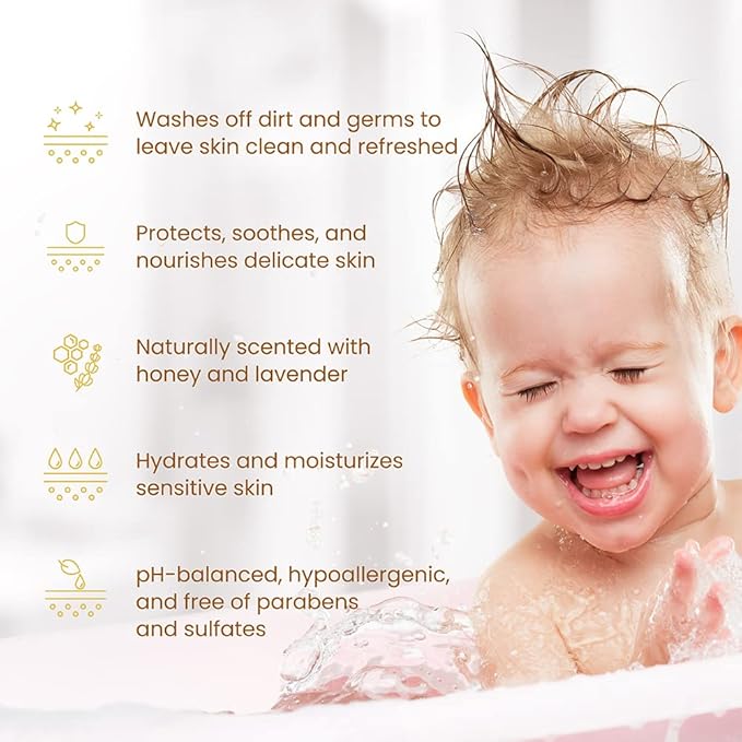Kids Gentle Moisturizing Shampoo and Hypoallergenic Body Wash - Hydrating Shampoo and Organic Baby Wash for Sensitive Skin with Honey and Lavender (16oz)