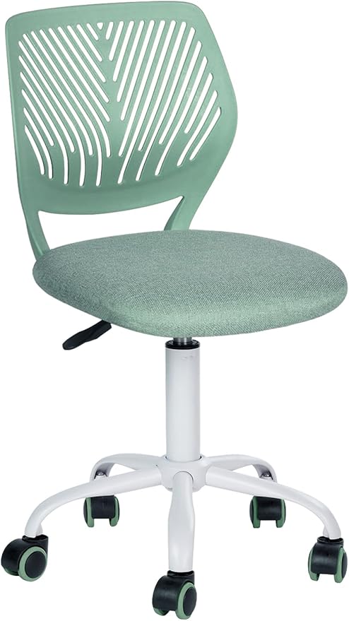 Desk Chair Armless, Kids Office Chair Compact Rolling Fabric Seating Cushion and Plastic Low-Back, Height Adjustable Small Study Computer Task Chair for Student Children Teens with Wheels, Aqua