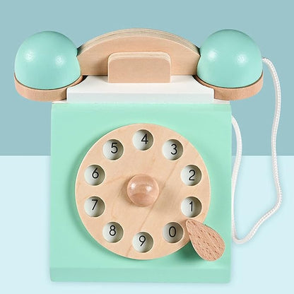 Classic Wooden Telephone, Realistic Vintage Dial Telephone Playset Pretend Play Montessori Interactive for Age 3Y and Up