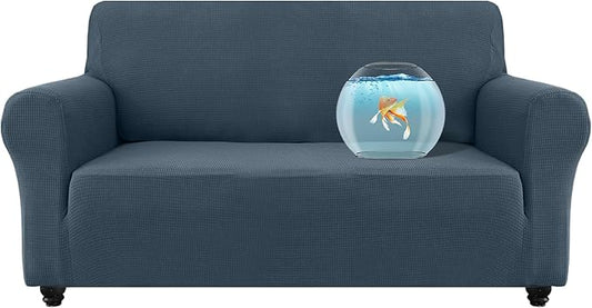 100% Waterproof Jacquard Fabric Couch Cover, Dual Layer with TPU Film, Leakproof High Elasticity Non-Slip Washable Furniture Protector for Pets, Dogs, Cats and Kids (Loveseat,Berlin Blue)