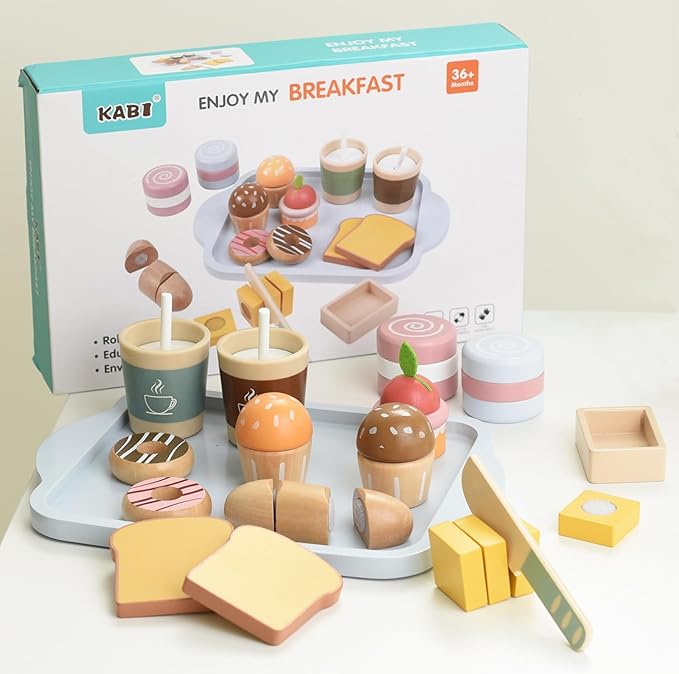 Wooden Play Food Sets for Kids Toddlers Kitchen Pretend Food Play Wood Bakery Toy for 3 4 5 6 7 Years Old Boys & Girls