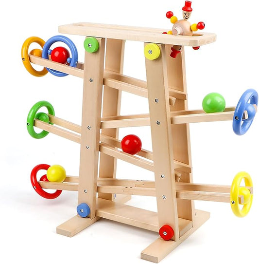 Qilay Wooden Wooden Race Track Toddler Toys for 1-3 Year Old Boy and Girl, Wooden Car Ramp Racer Toy Vehicle Set with 4 Balls & 5 Race Tracks
