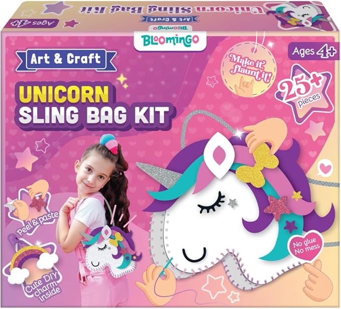 Bloomingo Art & Craft Kit - Unicorn Sling Bag: Fun Mess Free Arts & Craft Kit for Kids; Design Your Own Magical DIY Craft Bag; Birthday Gift for Girls & Boys of Multicolor