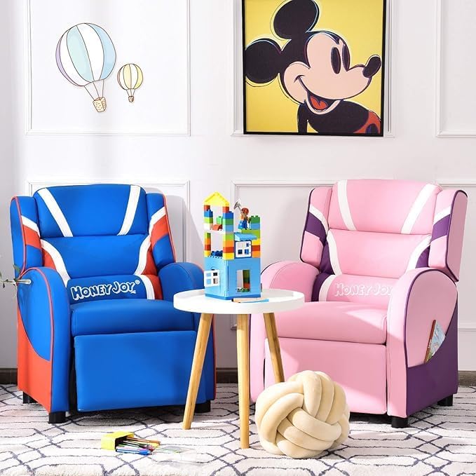 MEDIMALL Ergonomic Children's Recliner Chair with Side Pockets and Adjustable Footrest, Made of PU Leather Material, with Soft Cushions for Children's Recliner, Suitable for Children Aged 3-9