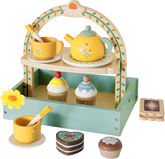 Wooden Dessert Cake Tea Party Set for Little Girls Toys, Pretend Play Kids Tea Set for Toddlers Wood Toys, Wooden Play Food Kitchen Accessories Sets for Kids