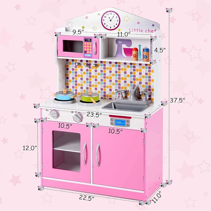 ARLIME Kids Kitchen Playset, Wooden Toy Kitchen w/ Removable Sink, Microwave, Cookware, Large Storage Cabinet, Pretend Play Kitchen for Boys Girls (Pink)