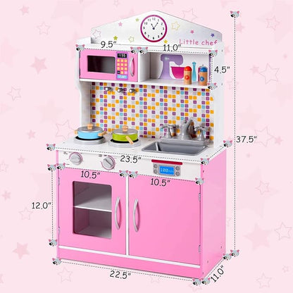 ARLIME Kids Kitchen Playset, Wooden Toy Kitchen w/ Removable Sink, Microwave, Cookware, Large Storage Cabinet, Pretend Play Kitchen for Boys Girls (Pink)