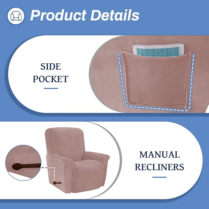 WEERRW Velvet Recliner Chair Cover 1 Piece High Stretch Recliner Couch Cover, Washable Furniture Protector with Non Slip Elastic Bottom for Kids and Pets, Blush Pink