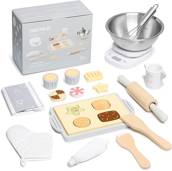 Wooden Toy Bake and Cookie Set, Pretend Play Food Sets for Kids, Pretend Cookies and Baking Set Kitchen Playset, Pretend Play Kitchen Accessories Gift for Boys and Girls Ages 3+