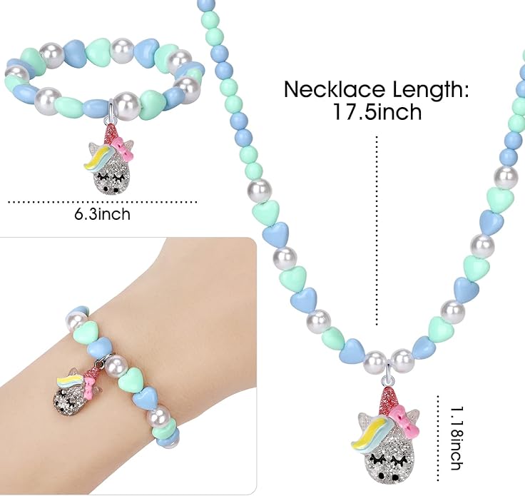 Unicorn Jewelry Set, Kids Unicorn Jewelry for Girls Included Necklace Bracelet Ring, Little Girl Jewel Necklace Set Cute Toddlers Unicorn Pendant,Pretend Dress up Jewelry Gift