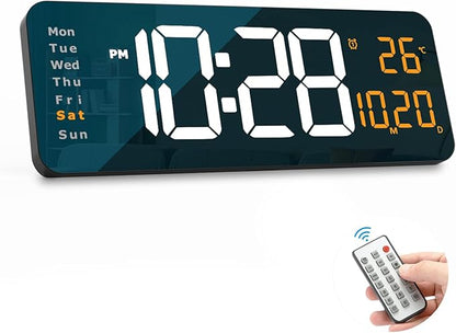 16.2" Large Digital Wall Clock with LED Display, Remote Control, Automatic Brightness Dimmer, Big Clock with Date, Week, Temperature, Orange