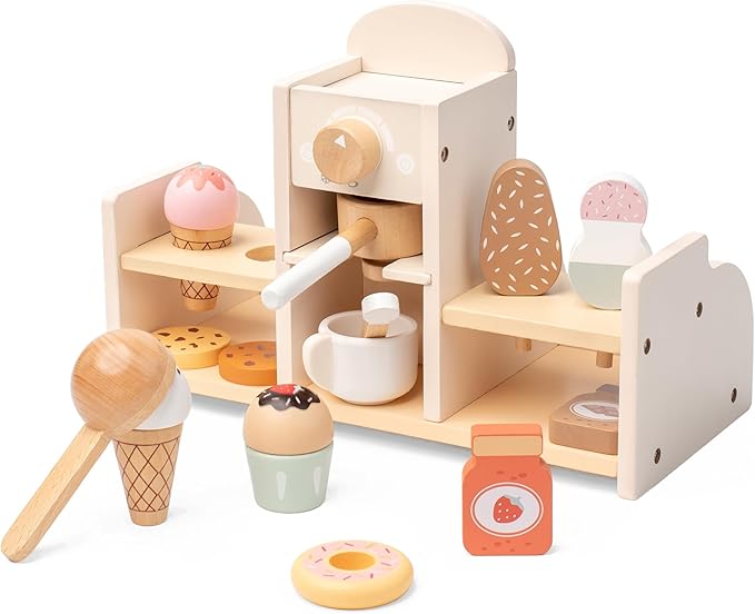 Wooden Ice Cream and Coffee Play Set for Kids, Pretend Play Toy Ice Cream Shop & Coffee Maker for Toddlers Ages 3-5, for Boys & Girls
